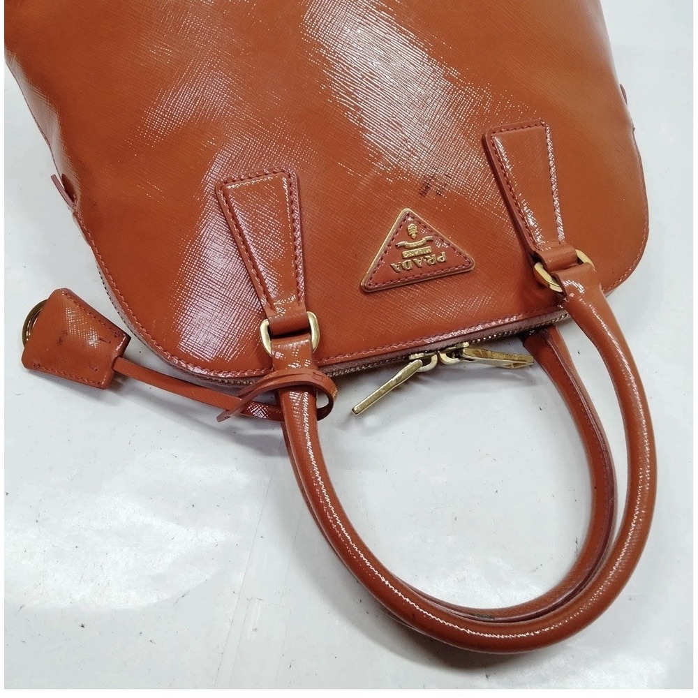 Prada Saffiano Vernice Promenade Patent Leather Orange Hand Bag Purse Top Handle - Picture 4 of 16